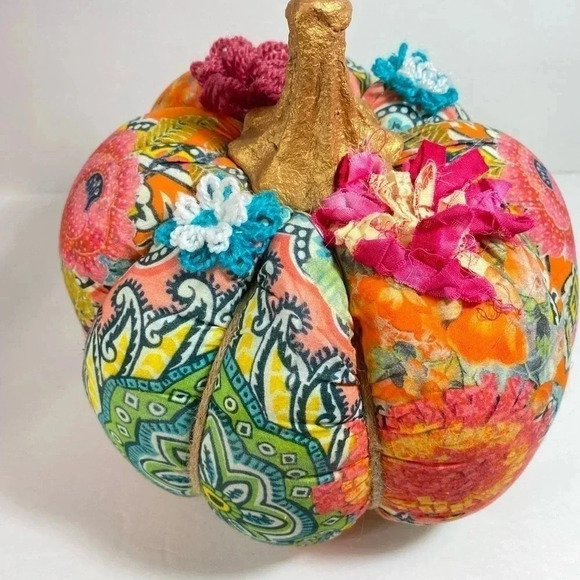 Mixed Fabric Pumpkin Gold Stem Bohemian Twine Flowers Orange Pink Teal 10 In. - Picture 2 of 11